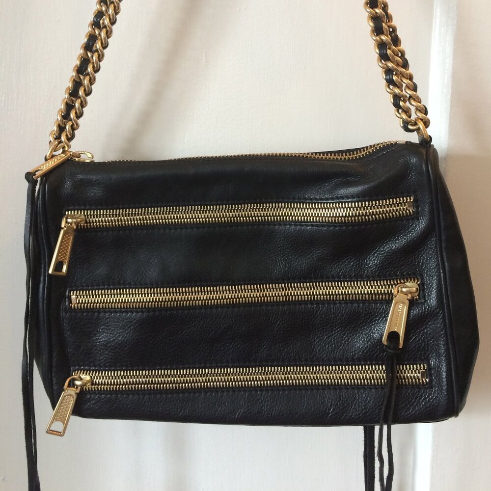 Rebecca Minkoff 5 Zip Cross Body Bag •Black & Gold leather• Fabric lining •8.5″